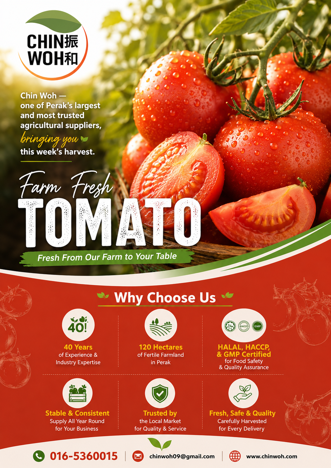 Fresh premium tomatoes supplied by Chin Woh, one of Perak's trusted agricultural suppliers in Malaysia. Farm fresh tomatoes with consistent quality and reliable local supply for restaurants, supermarkets, catering, and wholesale distribution.