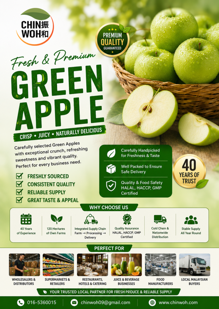 Fresh premium green apples supplied by Chin Woh, a Malaysia fruit supplier offering quality green apples for wholesalers, distributors, supermarkets, retailers, restaurants, hotels, catering companies, beverage businesses, food manufacturers, and local Malaysian buyers.