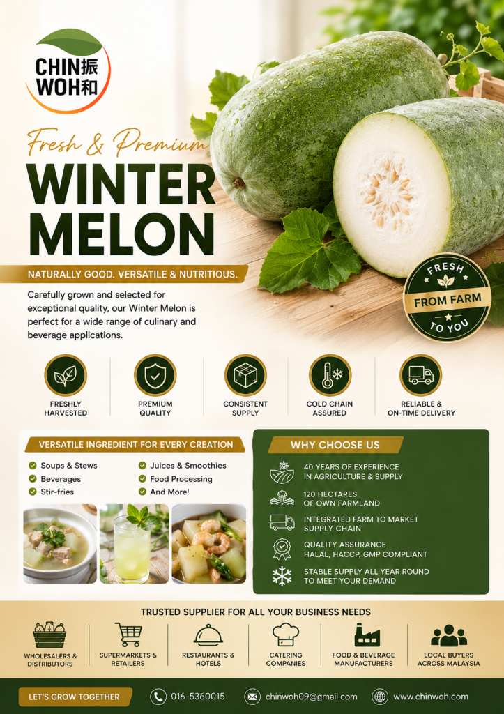 Premium fresh Winter Melon supplied by Chin Woh, a trusted farm fresh vegetable supplier in Malaysia. High-quality Winter Melon with reliable year-round supply for wholesalers, distributors, supermarkets, retailers, restaurants, hotels, catering companies, food manufacturers, and local Malaysian buyers.