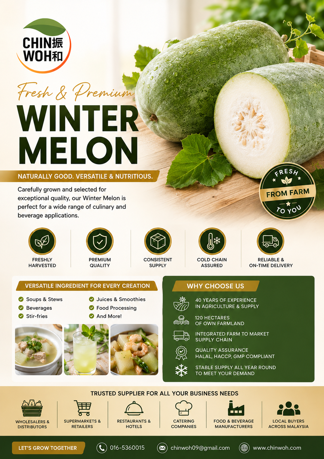 Premium fresh Winter Melon supplied by Chin Woh, a trusted farm fresh vegetable supplier in Malaysia. High-quality Winter Melon with reliable year-round supply for wholesalers, distributors, supermarkets, retailers, restaurants, hotels, catering companies, food manufacturers, and local Malaysian buyers.