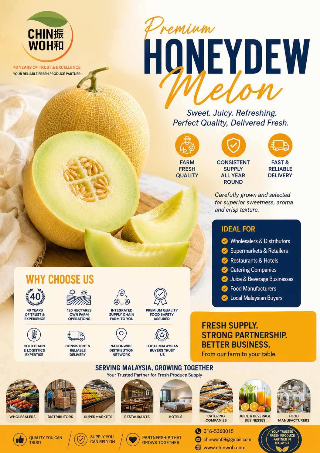 Premium Honeydew Melon supplied by Chin Woh Malaysia for wholesalers, distributors, supermarkets, retailers, restaurants, hotels, catering companies, juice businesses, food manufacturers, and local Malaysian buyers with consistent fresh supply.