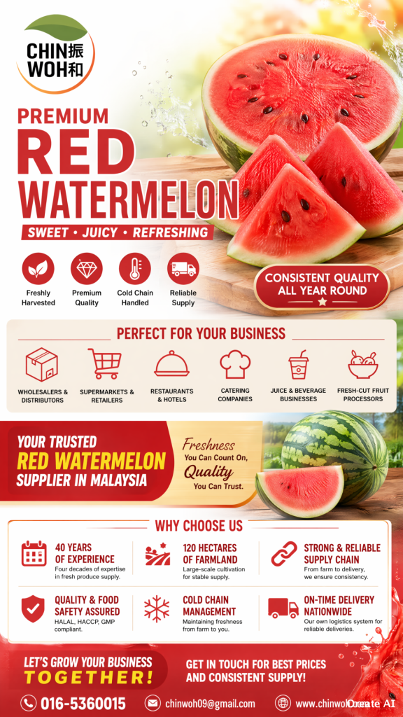 Fresh juicy red watermelon slices supplied locally in Malaysia by Chin Woh for retailers, restaurants and food service businesses