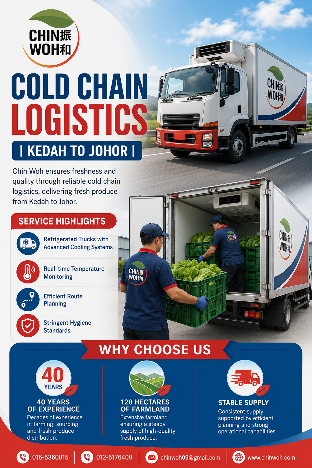 Chin Woh's cold chain logistics service delivering fresh vegetables from Kedah to Johor, ensuring freshness with refrigerated trucks and reliable route planning.