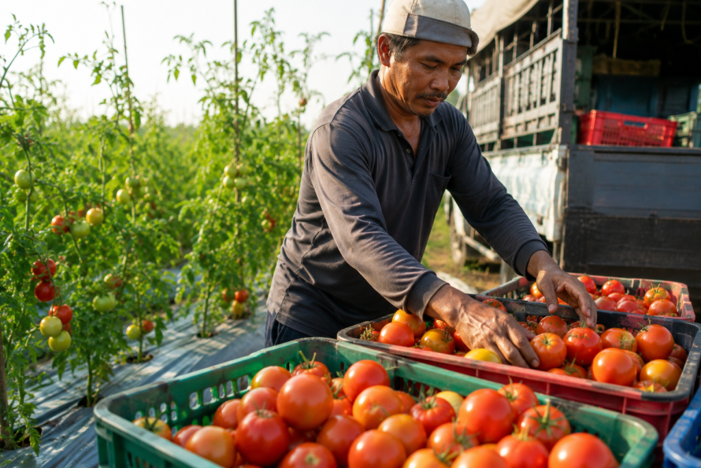 Fresh tomatoes harvested this morning at Chin Woh's farm in Perak, Malaysia, sorted for local delivery to restaurants, supermarkets, and wholesalers across Malaysia.