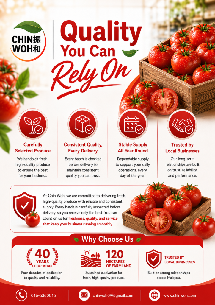 Chin Woh's carefully selected fresh tomatoes with consistent quality and reliable supply, trusted by restaurants, supermarkets, and businesses across Malaysia.