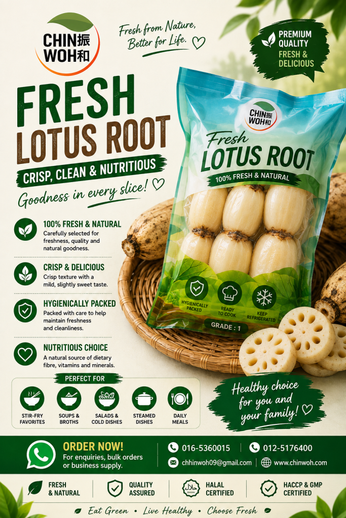 Fresh Lotus Root by Chin Woh, carefully selected and hygienically packed for freshness and quality, suitable for stir-fry, soups, salads, steamed dishes and everyday meals.