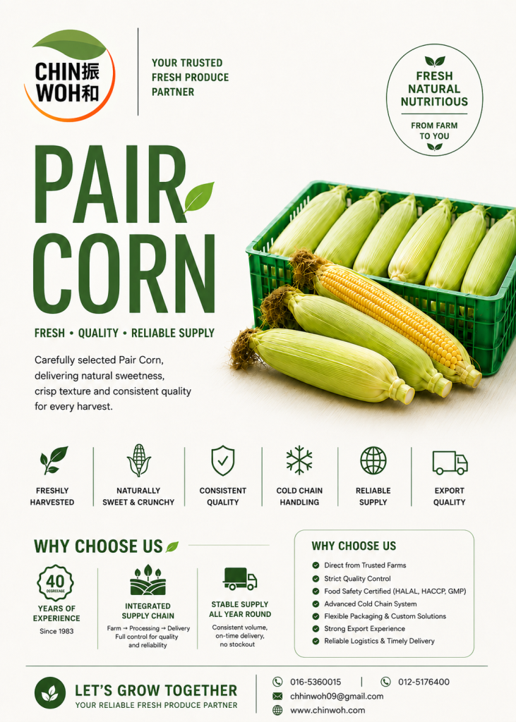 hin Woh fresh Pair Corn supplier in Malaysia offering quality corn, cold chain handling, reliable supply and wholesale fresh produce distribution.