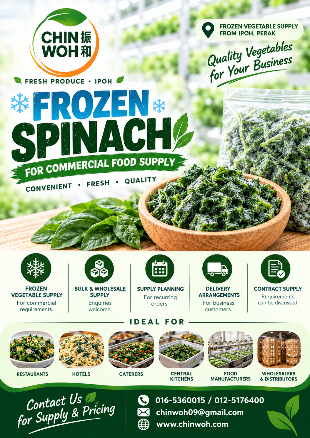 Frozen spinach supplied by Chin Woh for commercial buyers in Malaysia